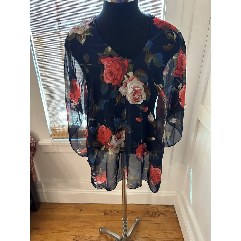 Vtg Women's One Size Floral Sheer Chiffon Poncho Sleeve Top